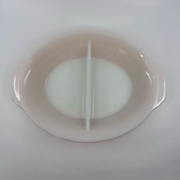 Vintage Fire King 3 Pcs-Bread Loaf Pan/Cake Pan/Split Platter Dish Peach White - Picture 3 of 16